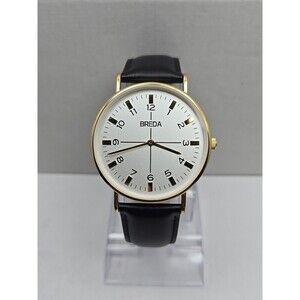 Breda Gold White Dial Quartz Unisex Watch Black Leather Strap New Battery Dallas